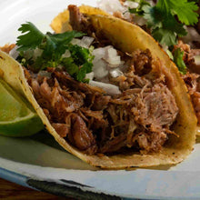 Load image into Gallery viewer, Taco de Carnitas made with white corn tortilla
